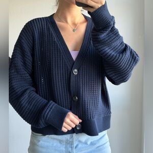 Navy Ribbed V-Neck Button Cardigan Sweater